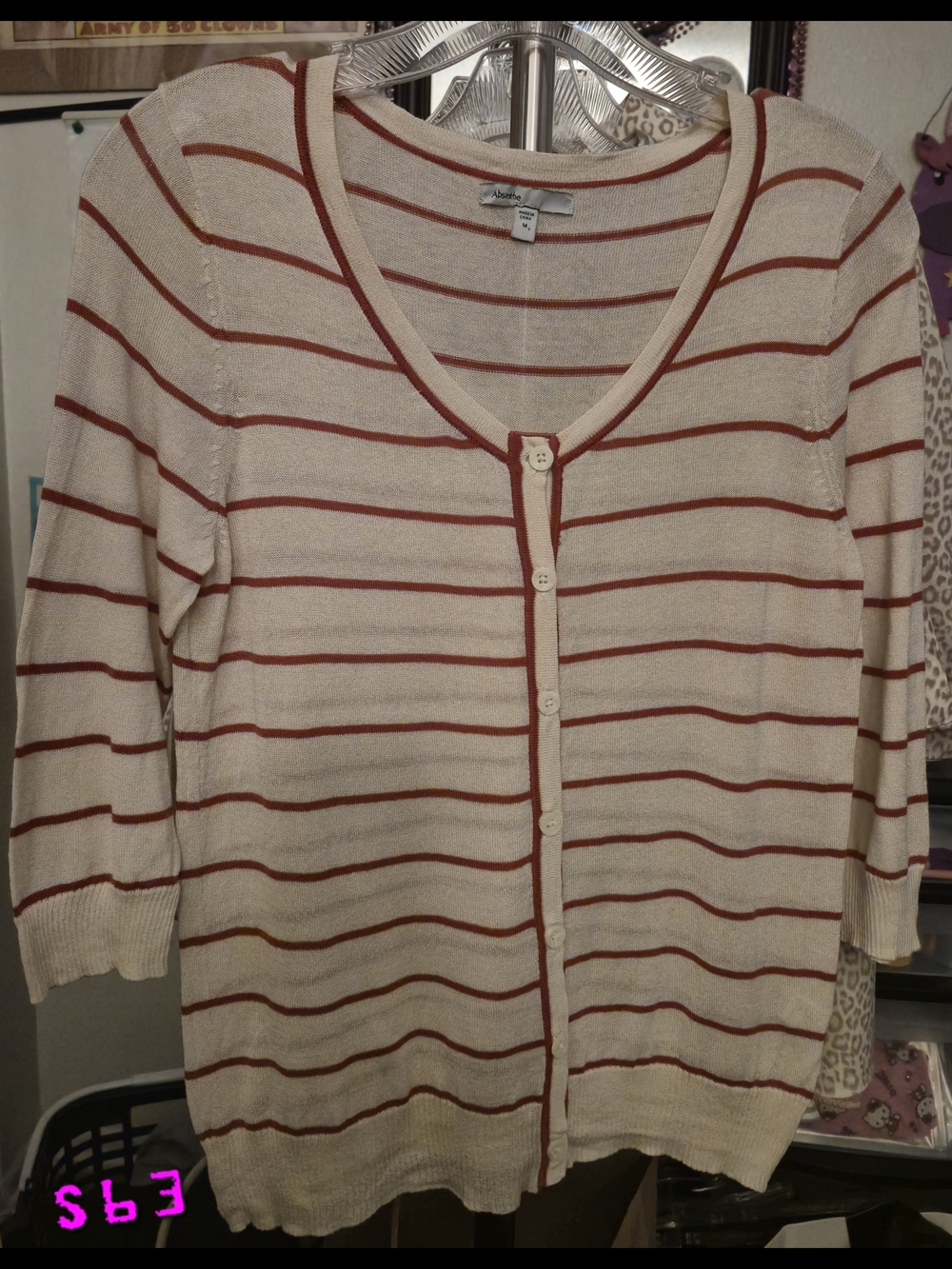 Women’s Medium Striped Button-Front 3/4 Sleeve Top Cardigan 70% Silk Cream  Rust